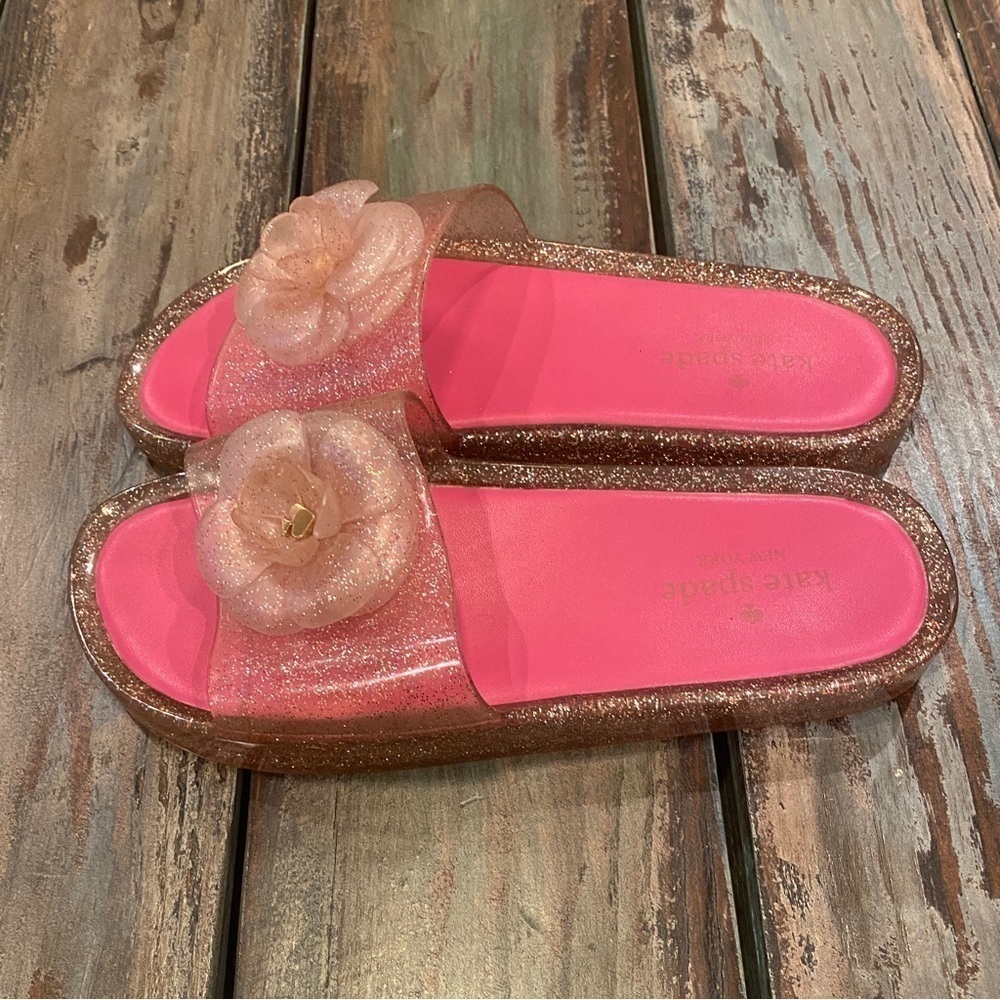 Kate Spade Splash Glitter Pink Slides Sandals 3D Floral Rosettes Logo Size 9 - Picture 9 of 9